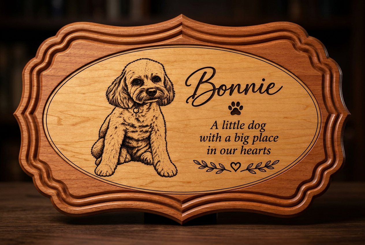 Scalloped wooden plaque with an engraved portrait of a small dog named Bonnie
