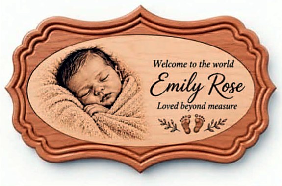 Concept design: wooden plaque with an engraved sleeping newborn and the name Emily Rose