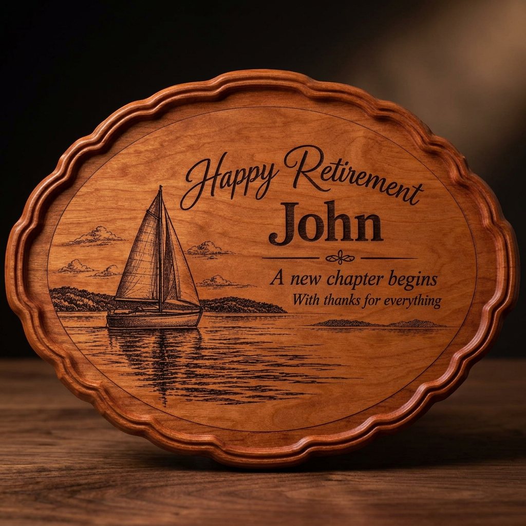 Cherrywood oval plaque engraved with a sailing boat and Happy Retirement John