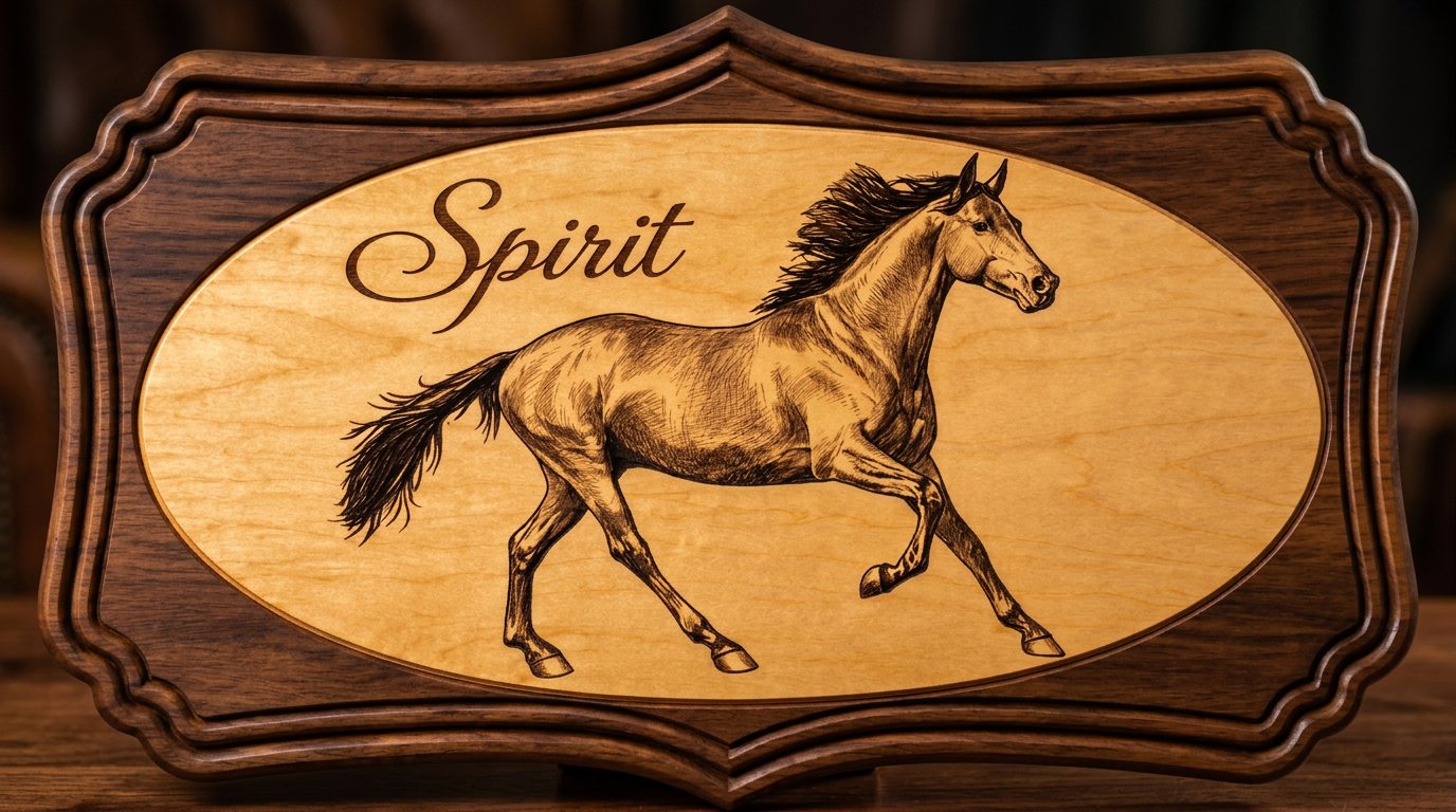 Walnut plaque with maple oval engraved with a galloping horse and the name Spirit